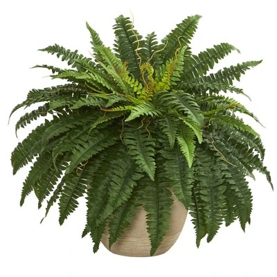 Nearly Natural 22” Boston Fern Artificial Plant In Sandstone Planter 3 Nearly Natural 22” Boston Fern Artificial Plant In Sandstone Planter