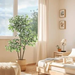 Artificial Ficus Tree, Tall Faux Plant With White Tall Planter, Faux Greenery Tree With Natural Trunks & White-Edged Leaves For Home Decor -Artificial Flowers Sale GUEST 0b64cf0a b27b 4a96 8544 a21614e941ba