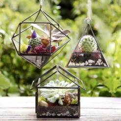D'Eco Glass Geometric Plant Terrarium 3Pk - Hanging Triangle, House & Prism Planters - Home, Garden & Office Botanical Decor - Gift For Plant Lovers