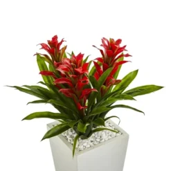 Nearly Natural Triple Bromeliad Artificial Plant In White Tower Planter, Red