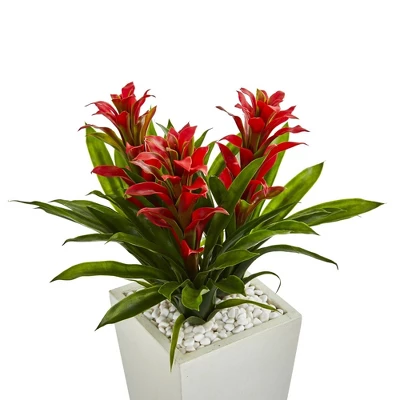 Nearly Natural Triple Bromeliad Artificial Plant In White Tower Planter, Red 3 Nearly Natural Triple Bromeliad Artificial Plant In White Tower Planter, Red