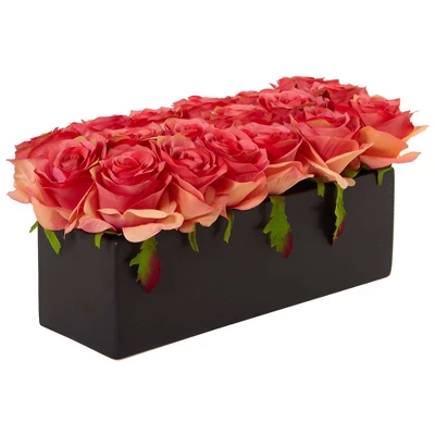 Nearly Natural 6-in Dozen Silk Roses In Ceramic Rectangular Planter 8 Nearly Natural 6-in Dozen Silk Roses In Ceramic Rectangular Planter - Image 6