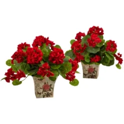 Nearly Natural 11-in Geranium Flowering Artificial Plant With Floral Planter (Set Of 2)