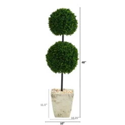 Nearly Natural 4-ft Boxwood Double Ball Artificial Topiary Tree In Country White Planter UV Resistant (Indoor/Outdoor)