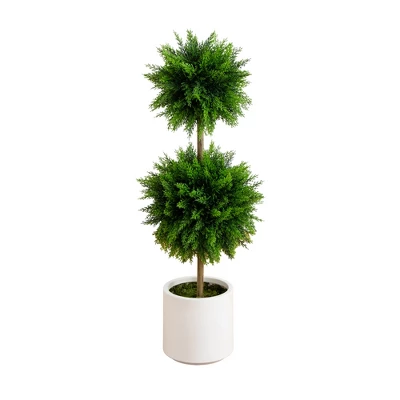 Nearly Natural 3.5-ft UV Resistant Artificial Cedar Double Ball Topiary Tree In White Decorative Planter (Indoor/Outdoor 5 Nearly Natural 3.5-ft UV Resistant Artificial Cedar Double Ball Topiary Tree In White Decorative Planter (Indoor/Outdoor - Image 3