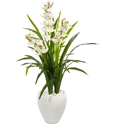 Nearly Natural 4-ft Cymbidium Orchid Artificial Plant In White Planter 3 Nearly Natural 4-ft Cymbidium Orchid Artificial Plant In White Planter