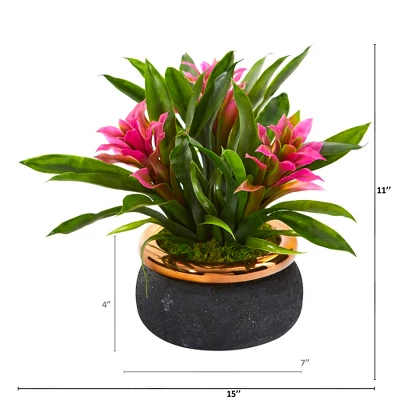 Nearly Natural 11-in Bromeliad Artificial Plant In Stoneware Planter, Purple 3 Nearly Natural 11-in Bromeliad Artificial Plant In Stoneware Planter, Purple