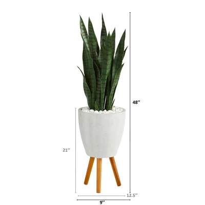 Nearly Natural 4-ft Artificial Sansevieria Snake Plant In White Planter With Stand 3 Nearly Natural 4-ft Artificial Sansevieria Snake Plant In White Planter With Stand