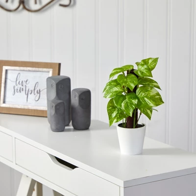 Nearly Natural 9-in Pothos Artificial Plant In White Planter (Real Touch) 4 Nearly Natural 9-in Pothos Artificial Plant In White Planter (Real Touch) - Image 2