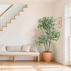 Artificial Ficus Tree, Tall Faux Plant With White Tall Planter, Faux Greenery Tree With Natural Trunks & White-Edged Leaves For Home Decor -Artificial Flowers Sale GUEST cd468f6c 6828 4183 97d2 451c2514ff0d