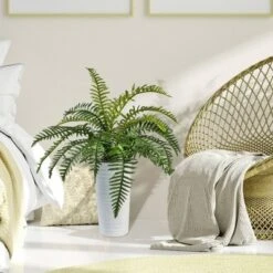 36" Artificial Ribbed Metal Planter Fern In Black Or White - LCG Florals